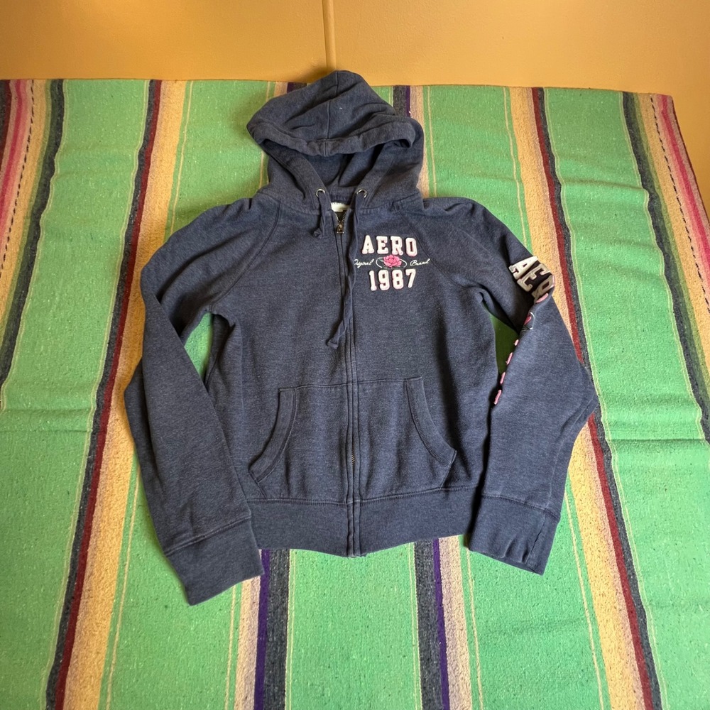 Aeropostale Full Zip Hoodie Womens Small Navy Blue Aero 1987 Rose Graphic Y2K